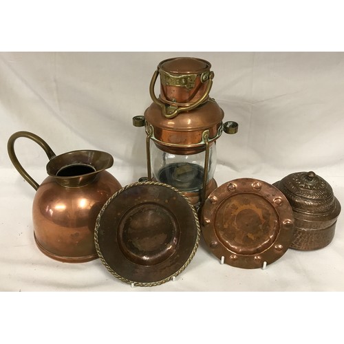 1053 - Selection of brass and copper to include a lamp height to top of handle 33cm, copper jug with Linton... 