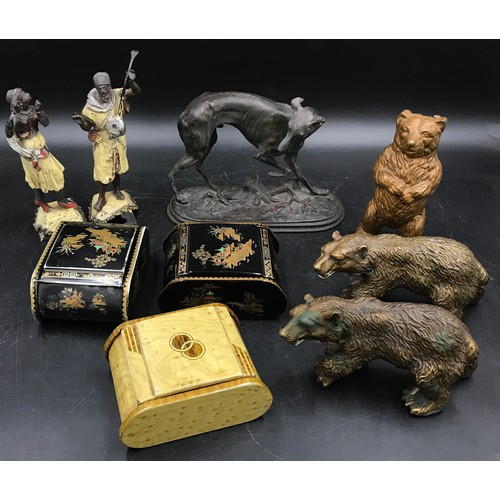 1054 - A selection of metal ware to include a bronze model of a greyhound in the manner of P.J. Mene 13cm h... 