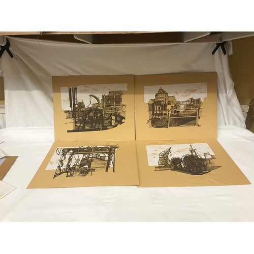 1240 - Five industrial pen drawings on card 42cm h x 51cm w, three original oil paintings on canvas 20cm h ... 