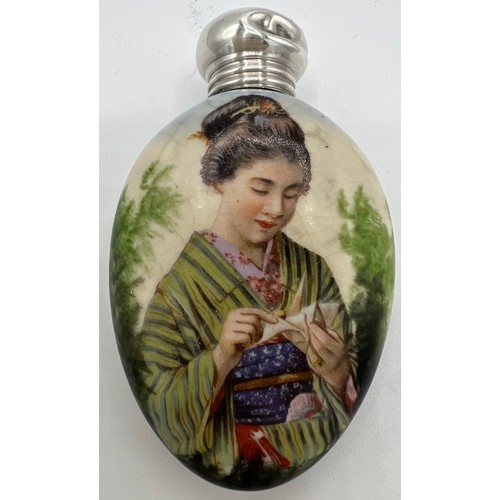 321 - A ceramic scent bottle depicting Japanese lady with hallmarked silver top Birmingham 1905. 6cm l.