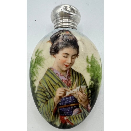 321 - A ceramic scent bottle depicting Japanese lady with hallmarked silver top Birmingham 1905. 6cm l.