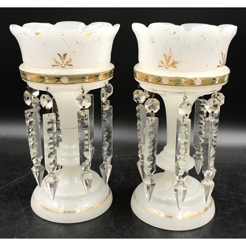 422 - Pair of 19thC white glass lustres with gold trim 27 h 14cm w.