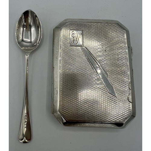 715 - Silver Art Deco cigarette case Birmingham 1932 together with a Holderness Hunt silver spoon engraved... 