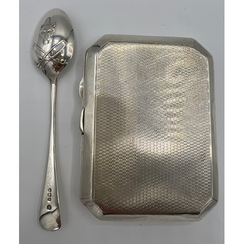 715 - Silver Art Deco cigarette case Birmingham 1932 together with a Holderness Hunt silver spoon engraved... 