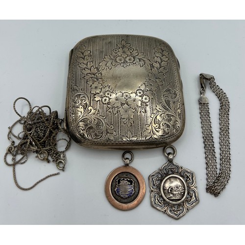 716 - Silver to include cigarette case Birmingham 1908, chains, bracelet and 2 medals including Beverley. ... 