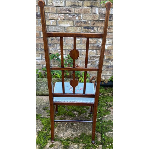 81 - A reupholstered mahogany inlaid side chair in the Arts and Crafts style. Height to back 94 h height ... 