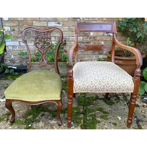 82 - Two mahogany chairs to include one armchair and a green upholstered bedroom chair. Arm chair 82.5cm ... 