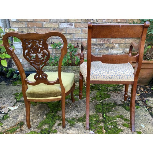 82 - Two mahogany chairs to include one armchair and a green upholstered bedroom chair. Arm chair 82.5cm ... 