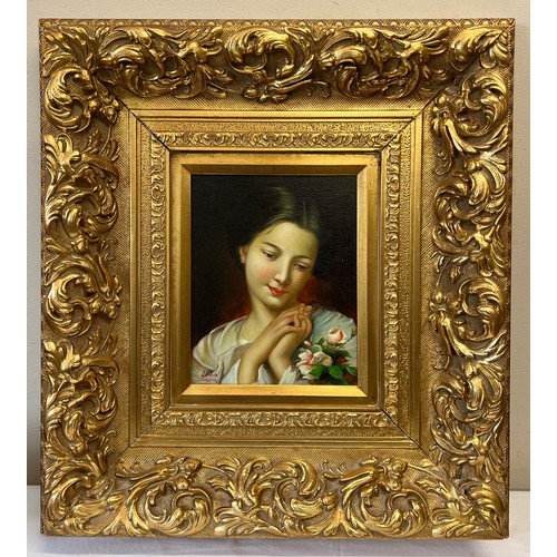 1570 - Oil on canvas portrait of a lady in ornate gilt frame. Sight size 24 x 19cm.
Signed lower left Laudr... 