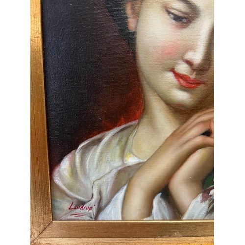 1570 - Oil on canvas portrait of a lady in ornate gilt frame. Sight size 24 x 19cm.
Signed lower left Laudr... 