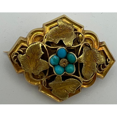 550 - A 19thC yellow metal mourning brooch set with turquoise and hair to the reverse. Tests as 9 carat go... 