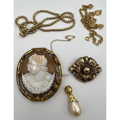 556 - Jewellery to include 19thC carved shell cameo brooch set in rolled gold, chains and pendant etc.