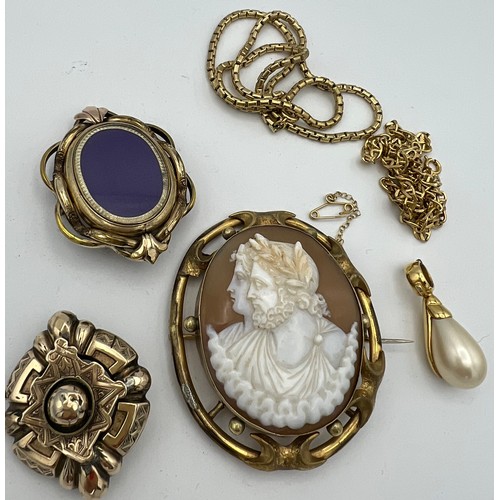 556 - Jewellery to include 19thC carved shell cameo brooch set in rolled gold, chains and pendant etc.