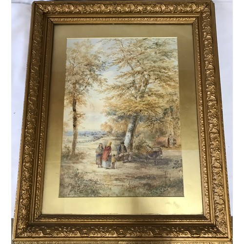 1566 - A 19thC watercolour of figures in a woodland scene 52 x 38cm in gilt frame.