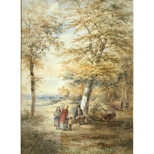 1566 - A 19thC watercolour of figures in a woodland scene 52 x 38cm in gilt frame.