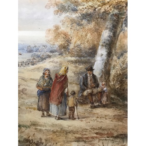 1566 - A 19thC watercolour of figures in a woodland scene 52 x 38cm in gilt frame.