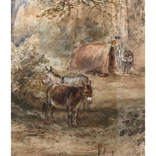 1566 - A 19thC watercolour of figures in a woodland scene 52 x 38cm in gilt frame.