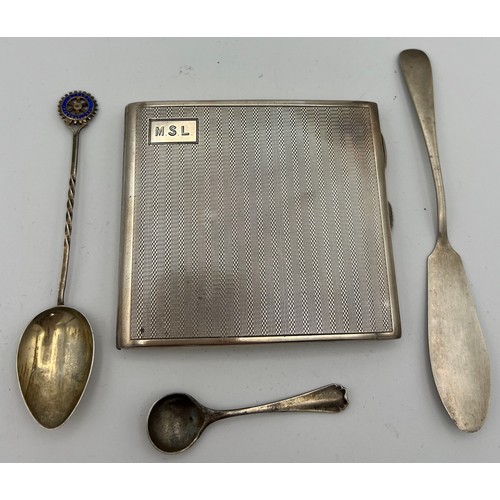 728 - Hallmarked silver to include cigarette case Birmingham 1929, two spoons and a knife. 176gm total wei... 