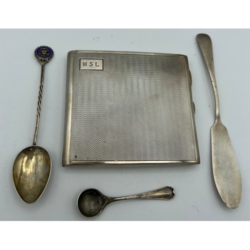 728 - Hallmarked silver to include cigarette case Birmingham 1929, two spoons and a knife. 176gm total wei... 