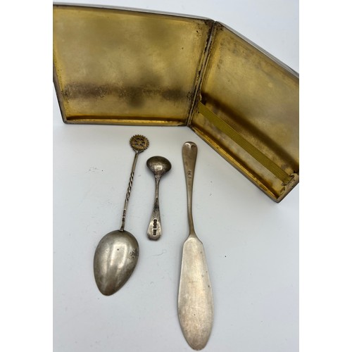 728 - Hallmarked silver to include cigarette case Birmingham 1929, two spoons and a knife. 176gm total wei... 