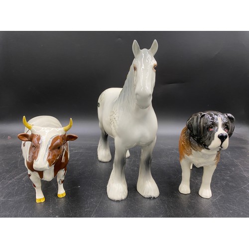 326 - Beswick comprising: Ayrshire bull Whitehall Mandate Champion', a grey dappled shire horse 21.5cm h a... 