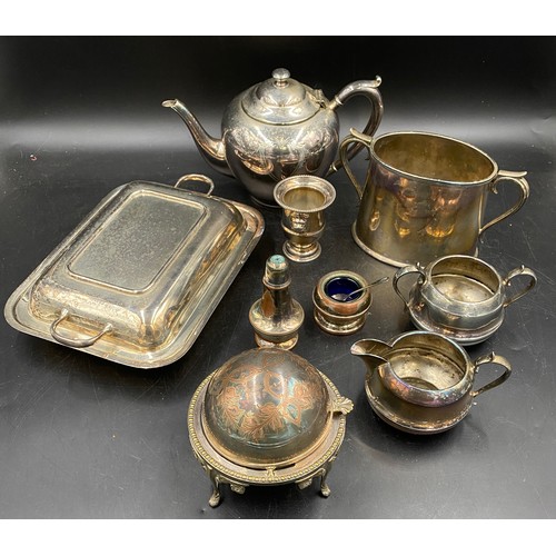 693 - Various silverplate to include a James Dixon jug and sugar, a caviar dish with revolving lid, a cove... 