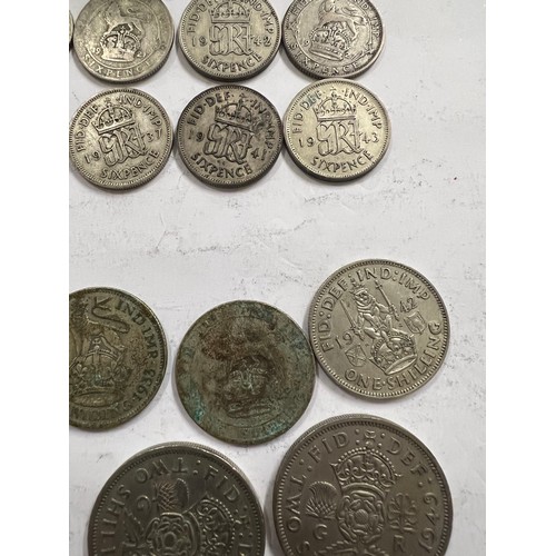 645 - Coins to include mostly pre 1947 Sixpences, One Shillings and post 1947 Two Shillings.