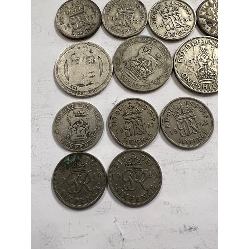 645 - Coins to include mostly pre 1947 Sixpences, One Shillings and post 1947 Two Shillings.