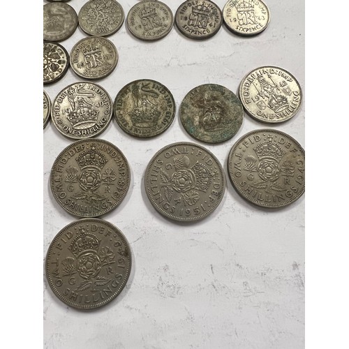 645 - Coins to include mostly pre 1947 Sixpences, One Shillings and post 1947 Two Shillings.