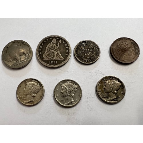 646 - American coins to include 5 Cents, 1891 quarter dollar, 1891 one dime, 1945 one cent 1941 one dime x... 