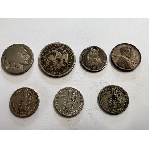 646 - American coins to include 5 Cents, 1891 quarter dollar, 1891 one dime, 1945 one cent 1941 one dime x... 