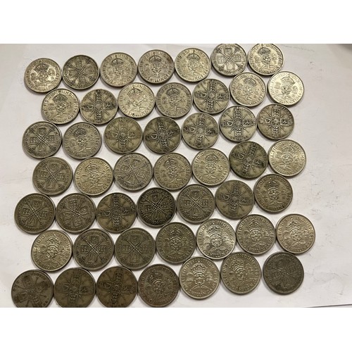 652 - A collection of pre 1946 One Florin and Two Shilling coins. 548.8gm.