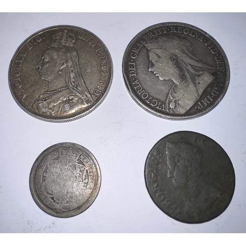 654 - Two Victoria Crowns 1893, 1889, GEOR III D G BRITT REX and a George II Halfpenny 1750.