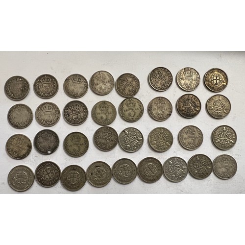 657 - A collection of threepence and one shilling pieces, threepences dating from 1873 to 1941. 24 pre 191... 