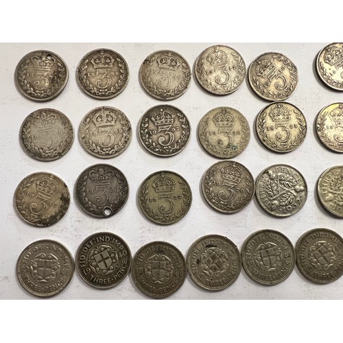 657 - A collection of threepence and one shilling pieces, threepences dating from 1873 to 1941. 24 pre 191... 