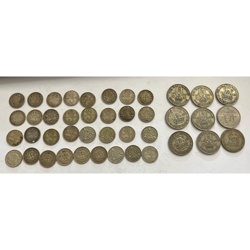 657 - A collection of threepence and one shilling pieces, threepences dating from 1873 to 1941. 24 pre 191... 