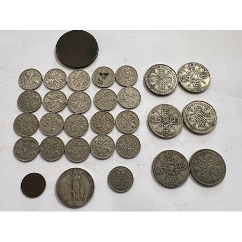 658 - Sixpence pieces x 21, An 1843 Victoria Half Farthing, x 6 One Florin coins to include 1921 x 2, 1920... 