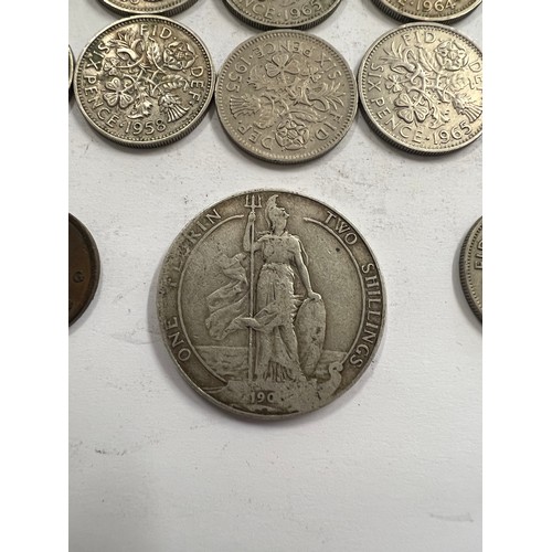 658 - Sixpence pieces x 21, An 1843 Victoria Half Farthing, x 6 One Florin coins to include 1921 x 2, 1920... 