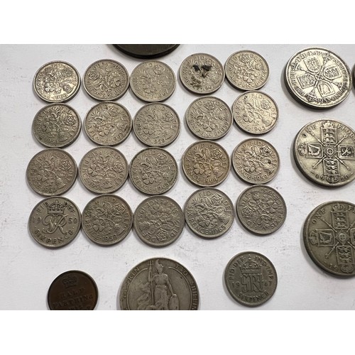 658 - Sixpence pieces x 21, An 1843 Victoria Half Farthing, x 6 One Florin coins to include 1921 x 2, 1920... 