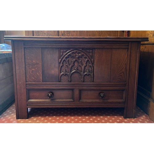 88 - Oak mule chest with two drawers to front and lift up lid. 97L x 45D x61cm H