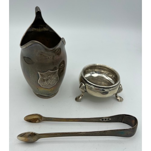 733 - Georgian silver to include cream jug London 1802, maker Peter and Ann Bateman, salt, marks rubbed an... 