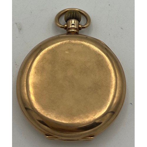 988 - A nine carat gold hunter pocket watch by Waltham. Keyless wind with white enamel dial with Roman num... 