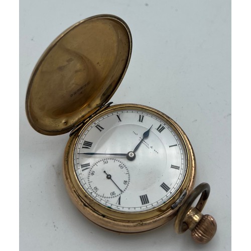 989 - Gold plated hunter pocket watch. 5cm diameter. Thomas Russell and son Liverpool. White enamel dial w... 