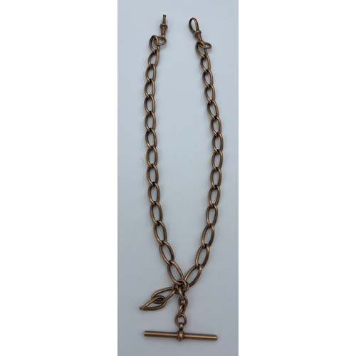 572 - A nine carat gold watch chain with T bar. Total weight 47gm. Length approximately 43cm. T bar and on... 