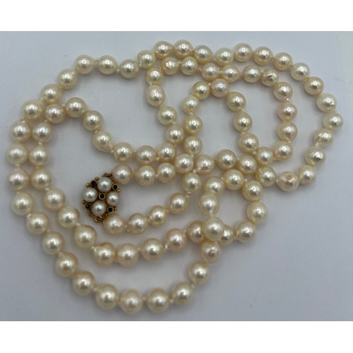 582 - Single stand pearl necklace with 9 carat gold pearl and garnet set clasp. 78cm length approximately.