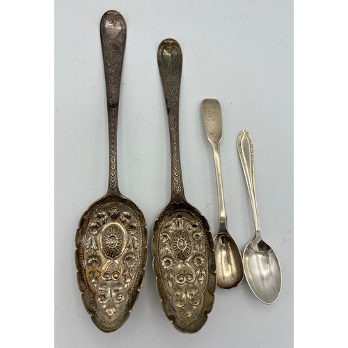 735 - Silver spoons to include two bottom marked tablespoons with later decoration, one maker Hester Batem... 