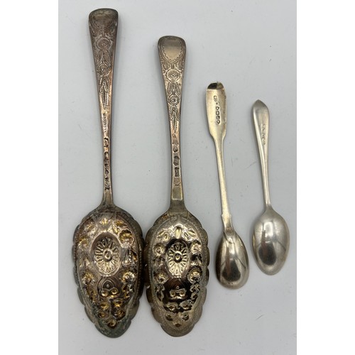 735 - Silver spoons to include two bottom marked tablespoons with later decoration, one maker Hester Batem... 