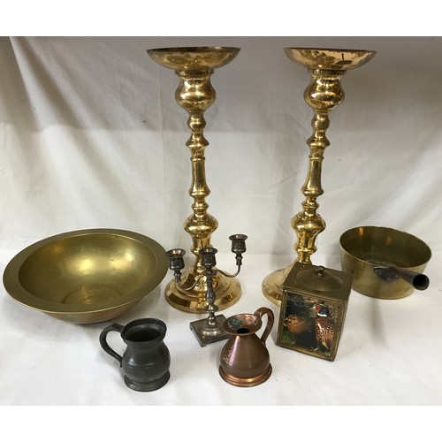 1048 - Collection of brass, copper and pewter to include two large candlesticks measuring 50cm h, a round b... 