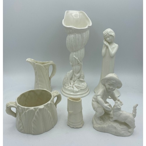 350 - Five pieces of Royal Worcester tallest 23cm and a Bisque figurine of a child and dog.