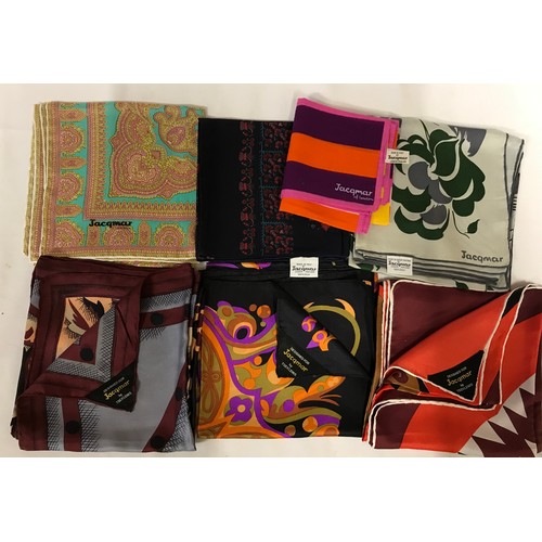 931 - Seven Jacqmar scarves 6 of which are silk, three designed by Tseklenis ranging in size from 50cm squ... 